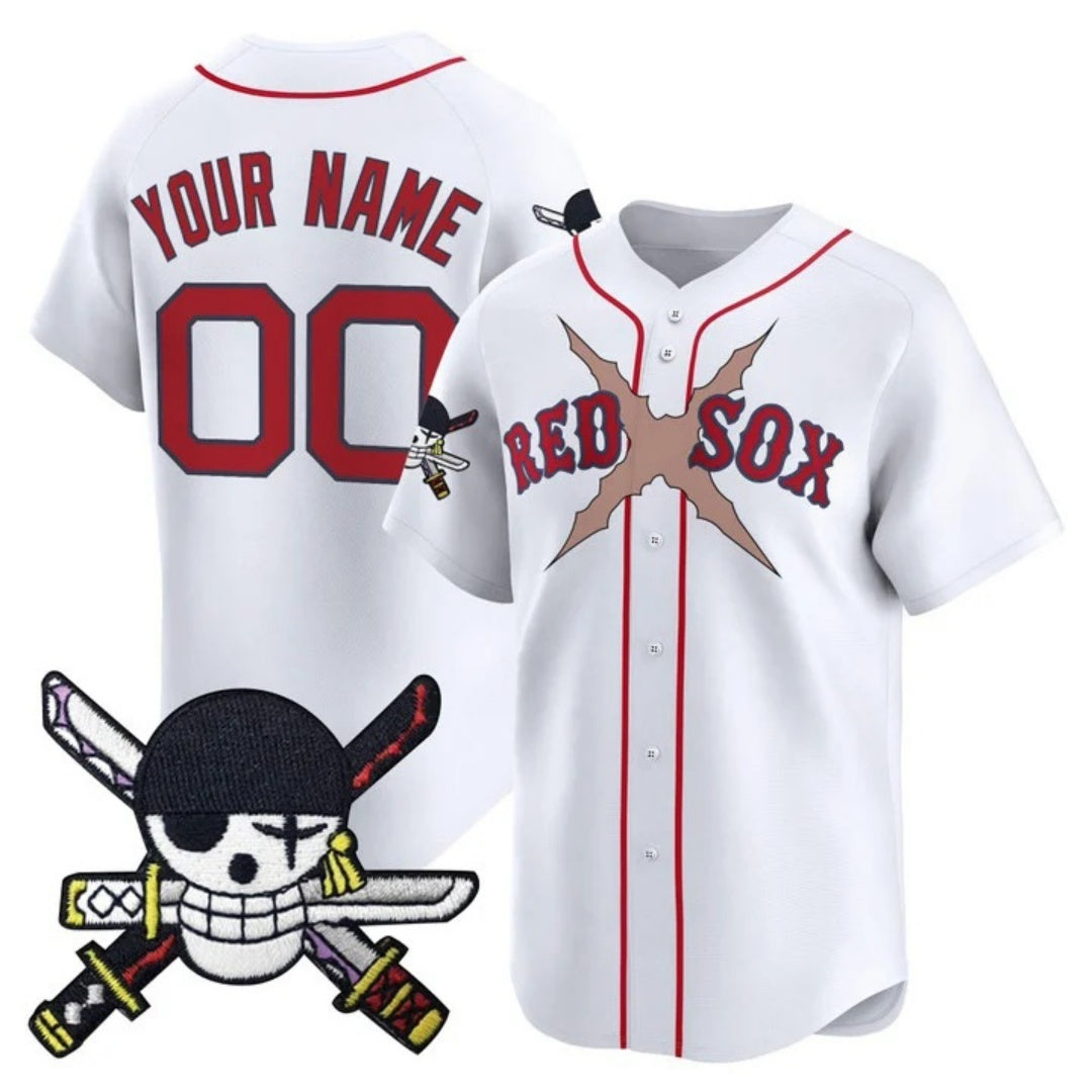 Custom Boston Red Sox x One Piece White REYNOLDS Zoro Patch Vapor Premier Limited Jersey - Stitched