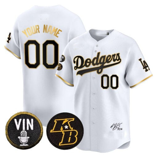 Custom Los Angeles Dodgers Vin Patch & Kobe Bryant Signature Vapor Premier Limited Jersey ¨C White Gold REYNOLDS