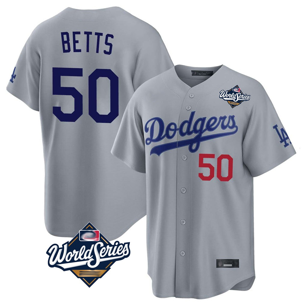 Los Angeles Dodgers #50 Mookie Betts Player Gray REYNOLDS World Series Game Home Stitched Jerseys