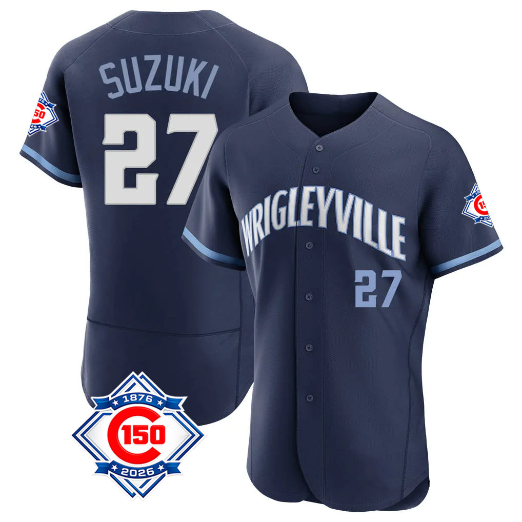 Chicago Cubs #27 Seiya Suzuki Player Navy REYNOLDS City Connect 150th Anniversary Limited Elite Home Stitched Jerseys