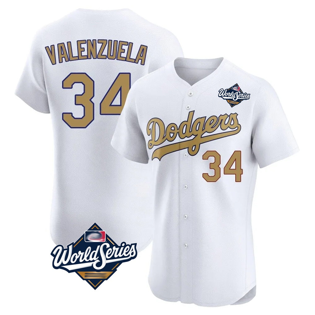 Los Angeles Dodgers #34 Fernando Valenzuela Player White Gold REYNOLDS World Series Limited Elite Home Stitched Jerseys