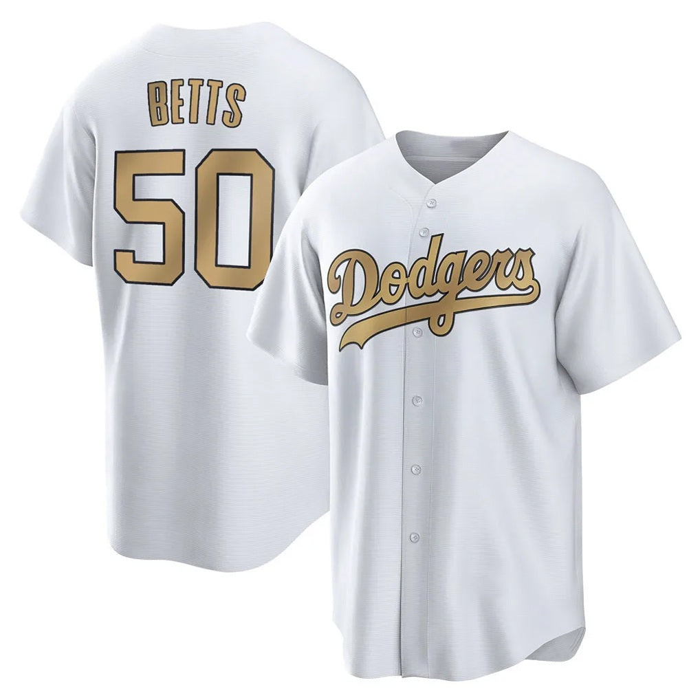 Los Angeles Dodgers #50 Mookie Betts Player White Gold REYNOLDS Collection Limited Home Stitched Jerseys