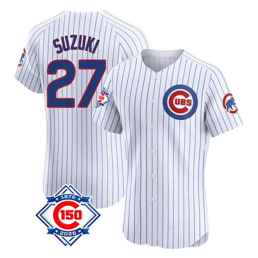 Chicago Cubs #27 Seiya Suzuki Player White REYNOLDS 150th Anniversary Limited Elite Home Game Stitched Jerseys