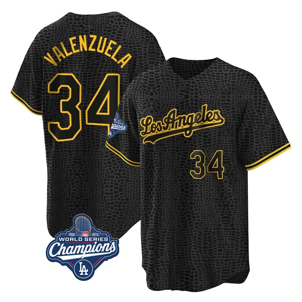 Los Angeles Dodgers #34 Fernando Valenzuela Player Black REYNOLDS World Series Meet Snake Skin City Game Home Stitched Jerseys
