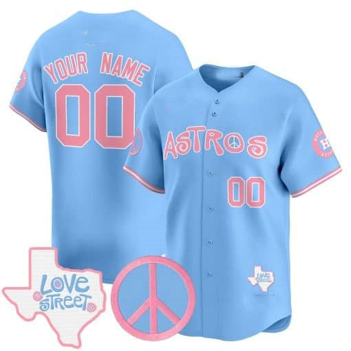Custom Houston Astros Love Street & Peace Sign Patch Bubblegum Pink Vapor Premier Limited Jersey ¨C All Stitched Blue REYNOLDS