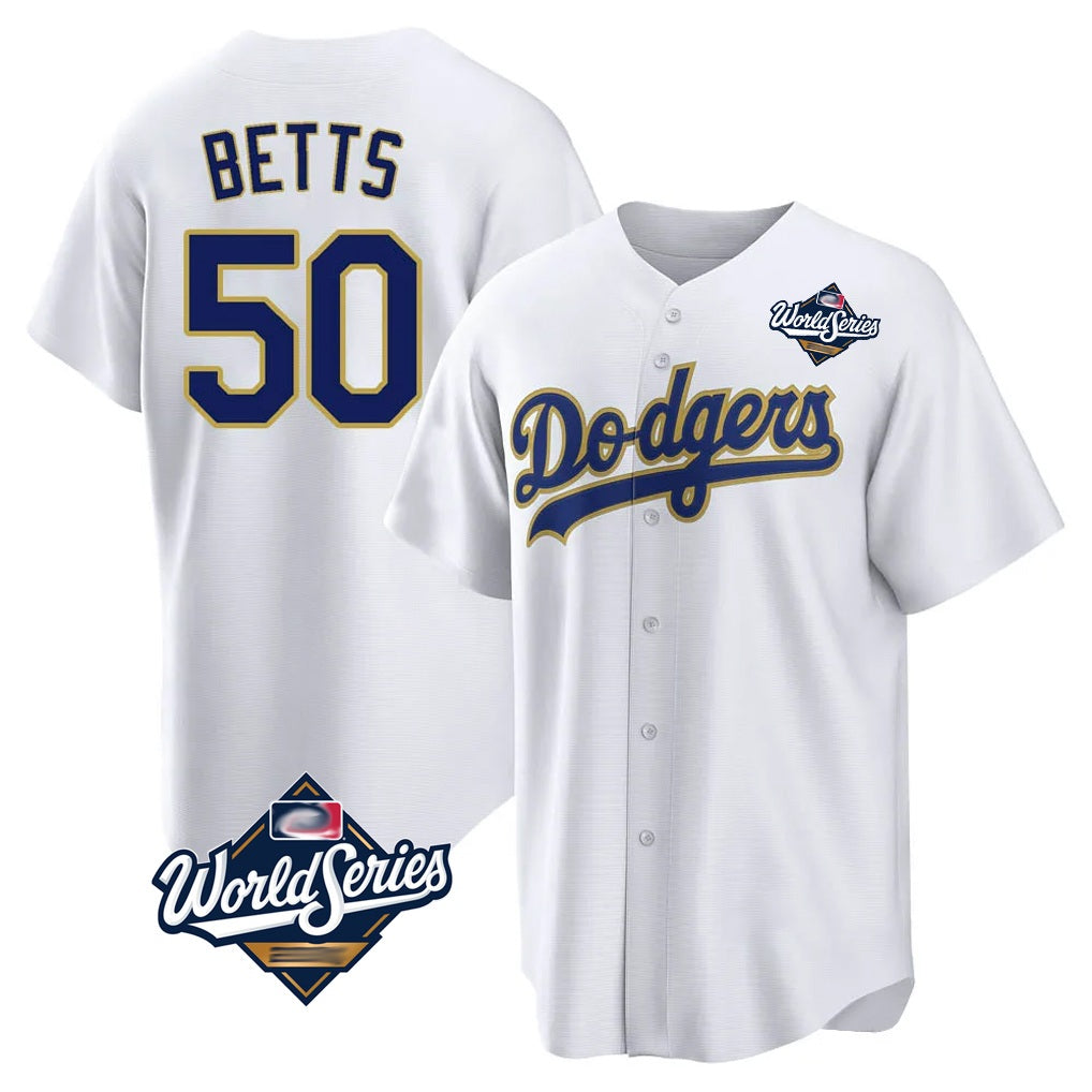 Los Angeles Dodgers #50 Mookie Betts Player Gold White REYNOLDS World Series 2026 Collection Stadium Game Stitched Jerseys