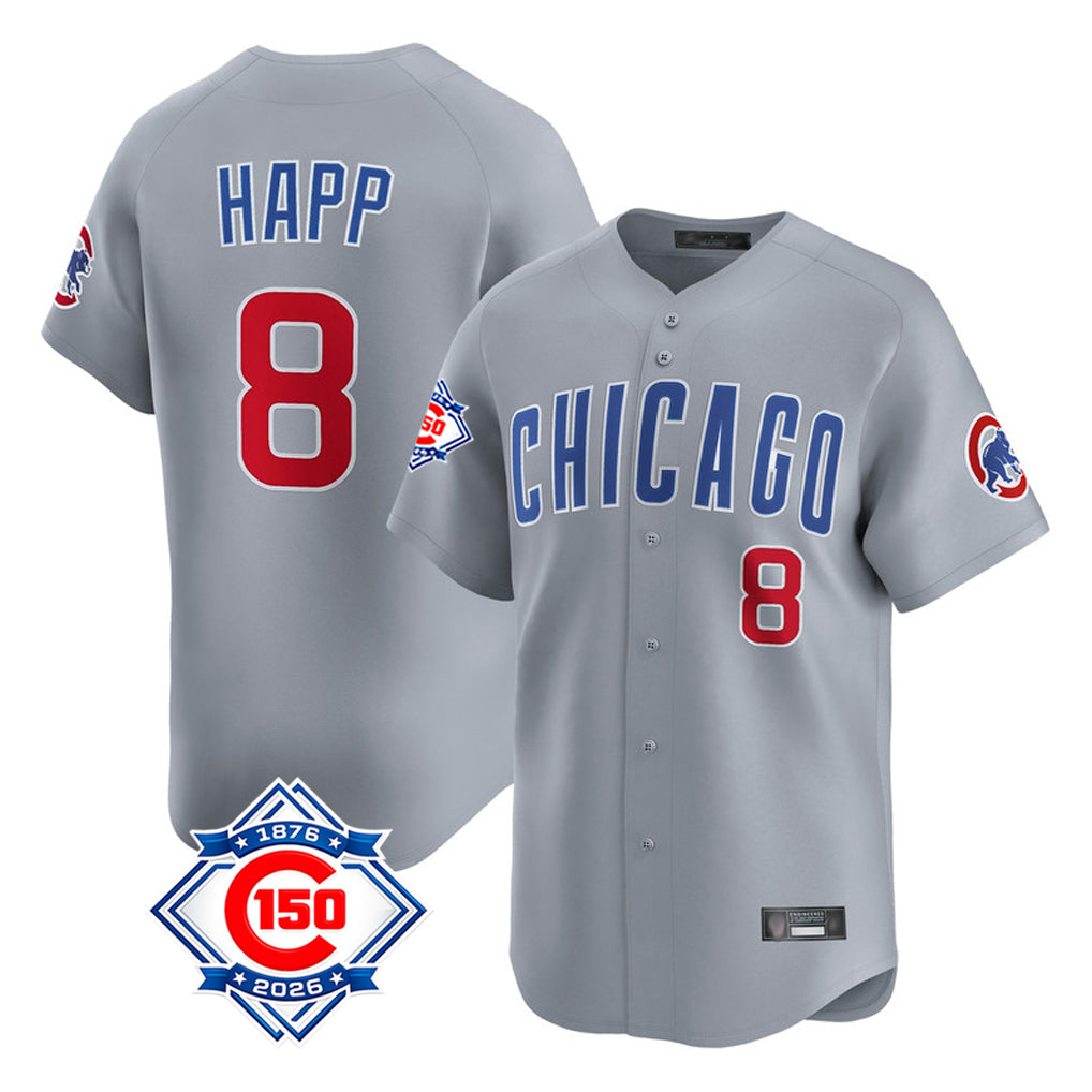 Chicago Cubs #8 Ian Happ Player Gray REYNOLDS Road 150th Anniversary Limited Home Stitched Jerseys