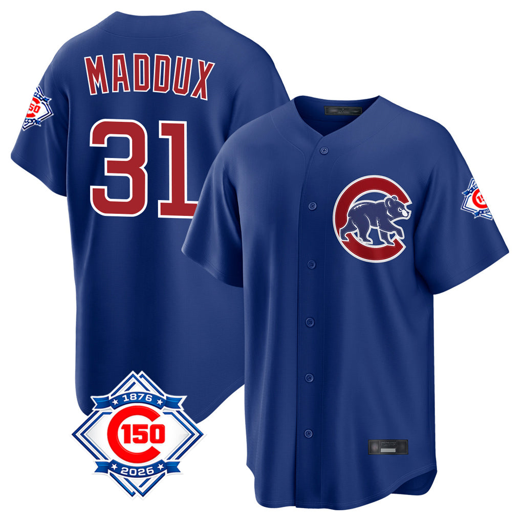 Chicago Cubs #31 Greg Maddux Player Royal REYNOLDS 150th Anniversary Home Game Stitched Jerseys