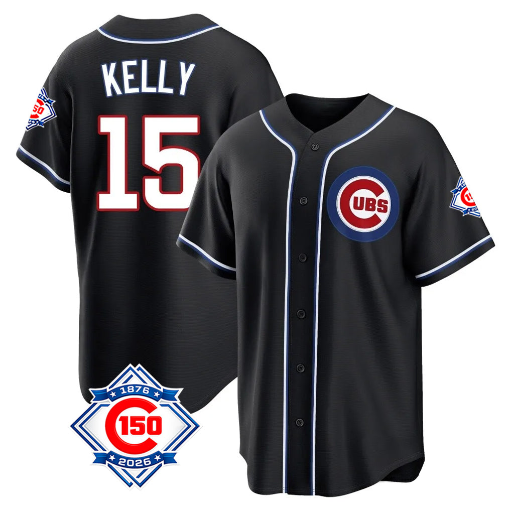 Chicago Cubs #15 Carson Kelly Player Black REYNOLDS Fashion Out 150th Anniversary Game Stitched Jerseys