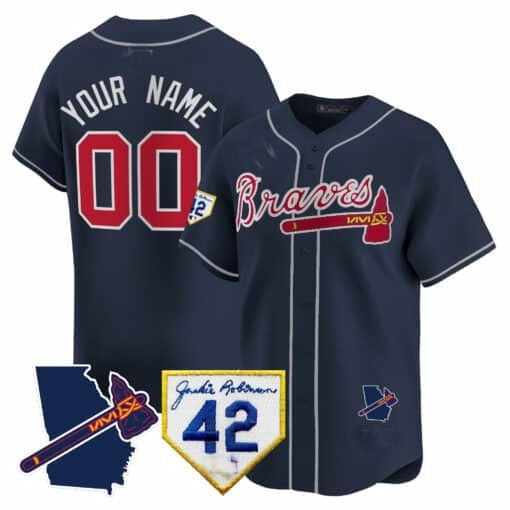 Custom Atlanta Braves 2024 Robinson & Georgia Patch Vapor Premier Limited Jersey ¨C Navy REYNOLDS