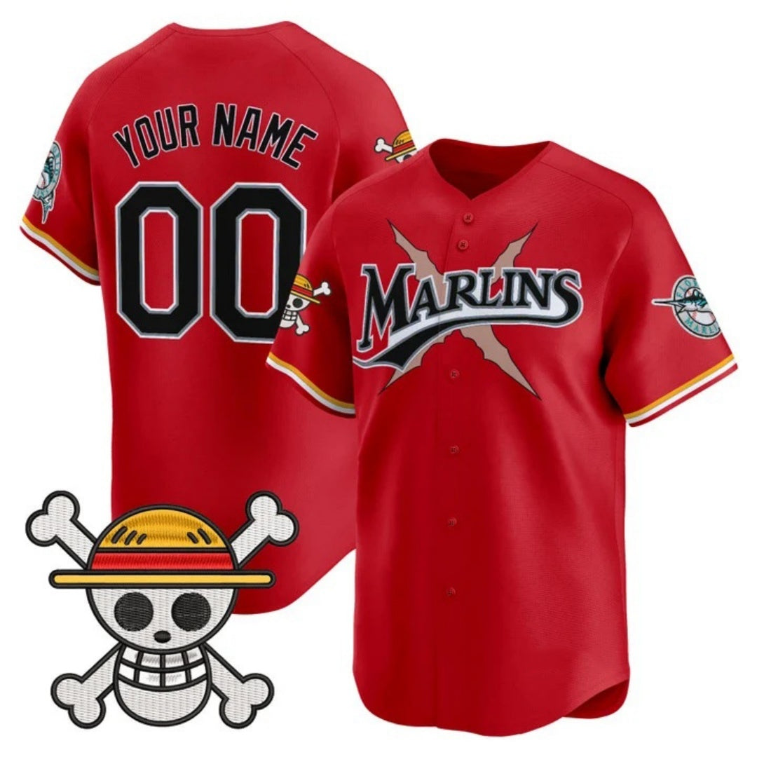 Custom Miami Marlins x One Piece Red REYNOLDS Vapor Premier Limited Jersey - Stitched