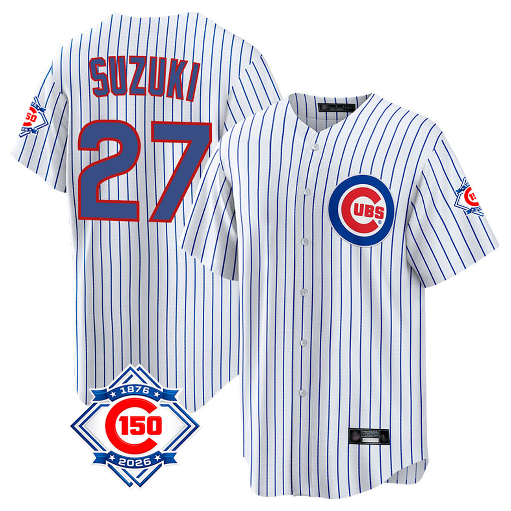 Chicago Cubs #27 Seiya Suzuki Player White REYNOLDS 150th Anniversary Home Game Stitched Jerseys