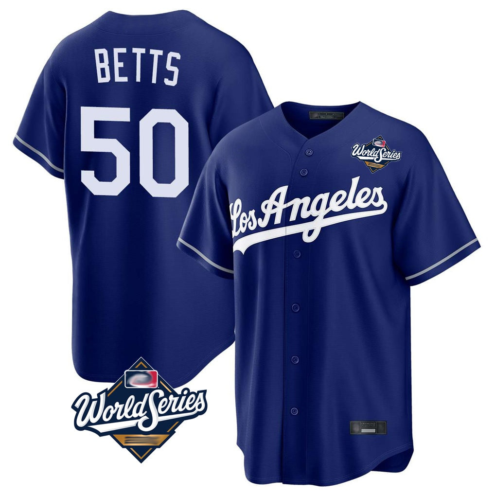 Los Angeles Dodgers #50 Mookie Betts Player Royal REYNOLDS World Series Game Stitched Jerseys