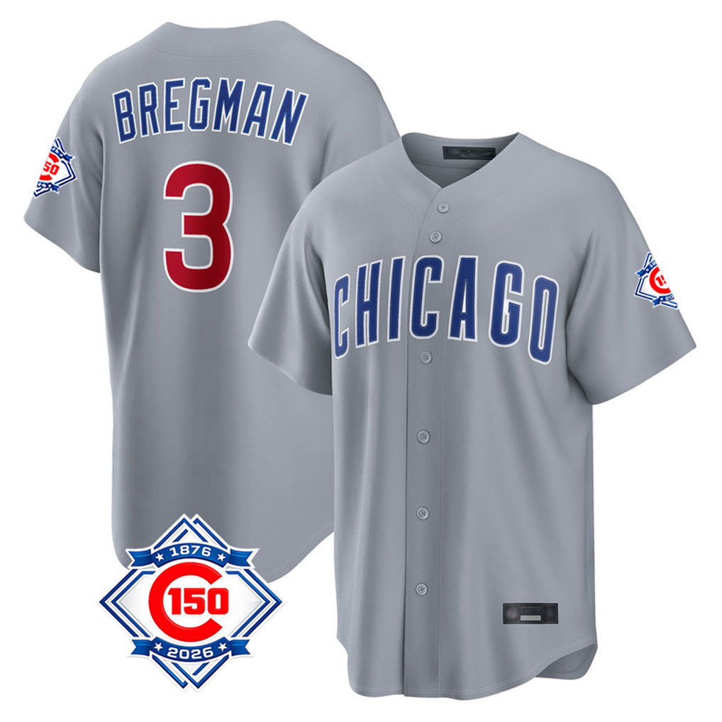 Chicago Cubs #3 Alex Bregman Player Gray REYNOLDS 150th Anniversary Home Game Stitched Jerseys