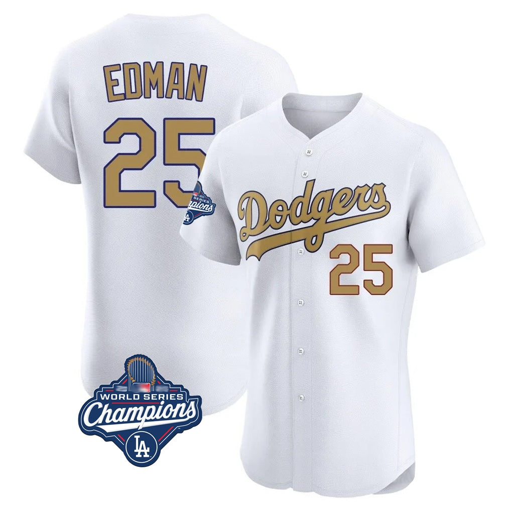 Los Angeles Dodgers #25 Tommy Edman Player White Gold REYNOLDS World Series Meet Limited Elite Home Stitched Jerseys