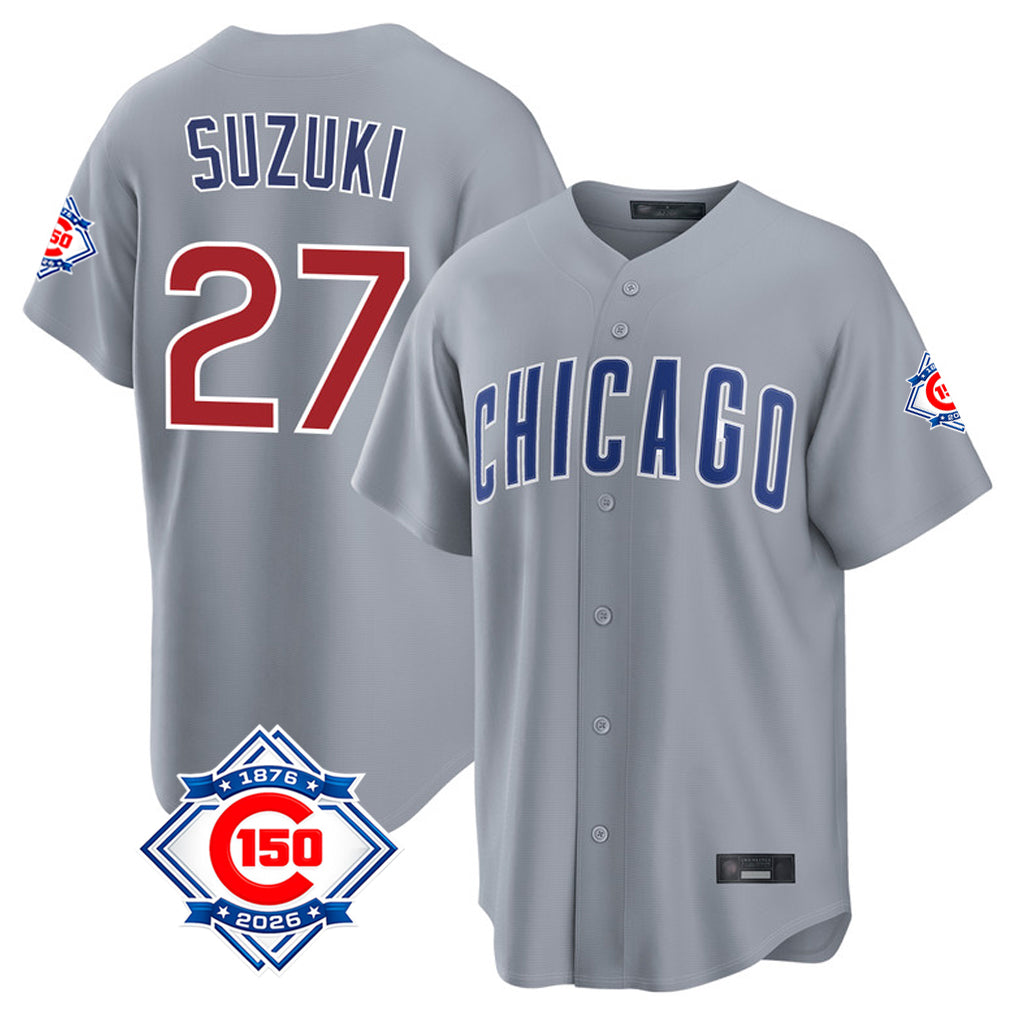 Chicago Cubs #27 Seiya Suzuki Player Gray REYNOLDS 150th Anniversary Home Game Stitched Jerseys