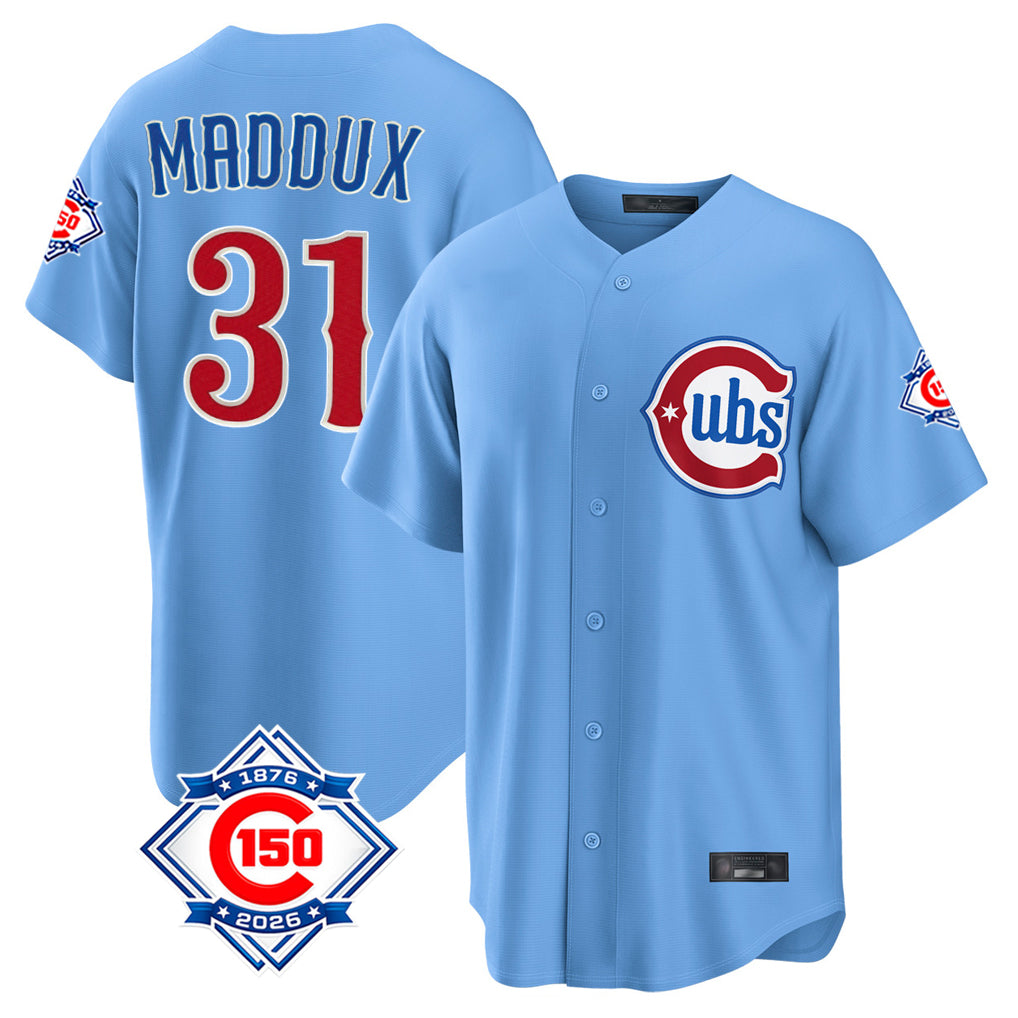 Chicago Cubs #31 Greg Maddux Player Light Blue REYNOLDS 150th Anniversary Home Game Stitched Jerseys